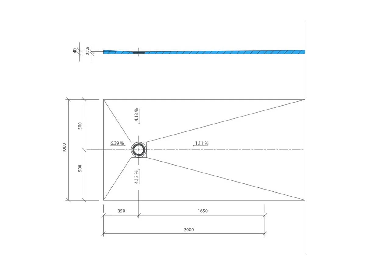 Receveur de douche à carreler 200 x 100 WEDI Fundo Primo rectangle écoulement excentré + bonde verticale