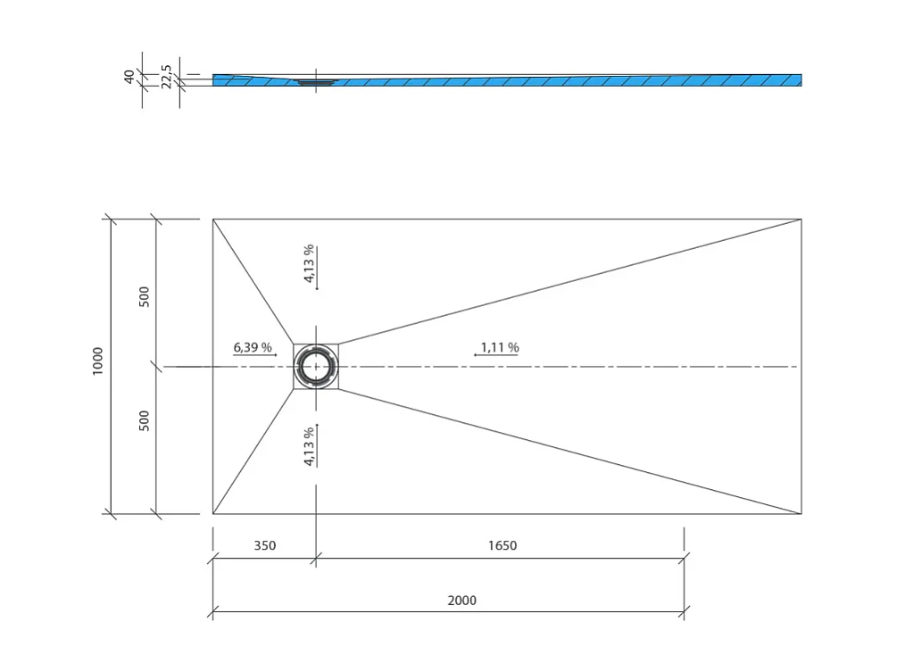 Receveur de douche à carreler 200 x 100 WEDI Fundo Primo rectangle écoulement excentré + bonde verticale
