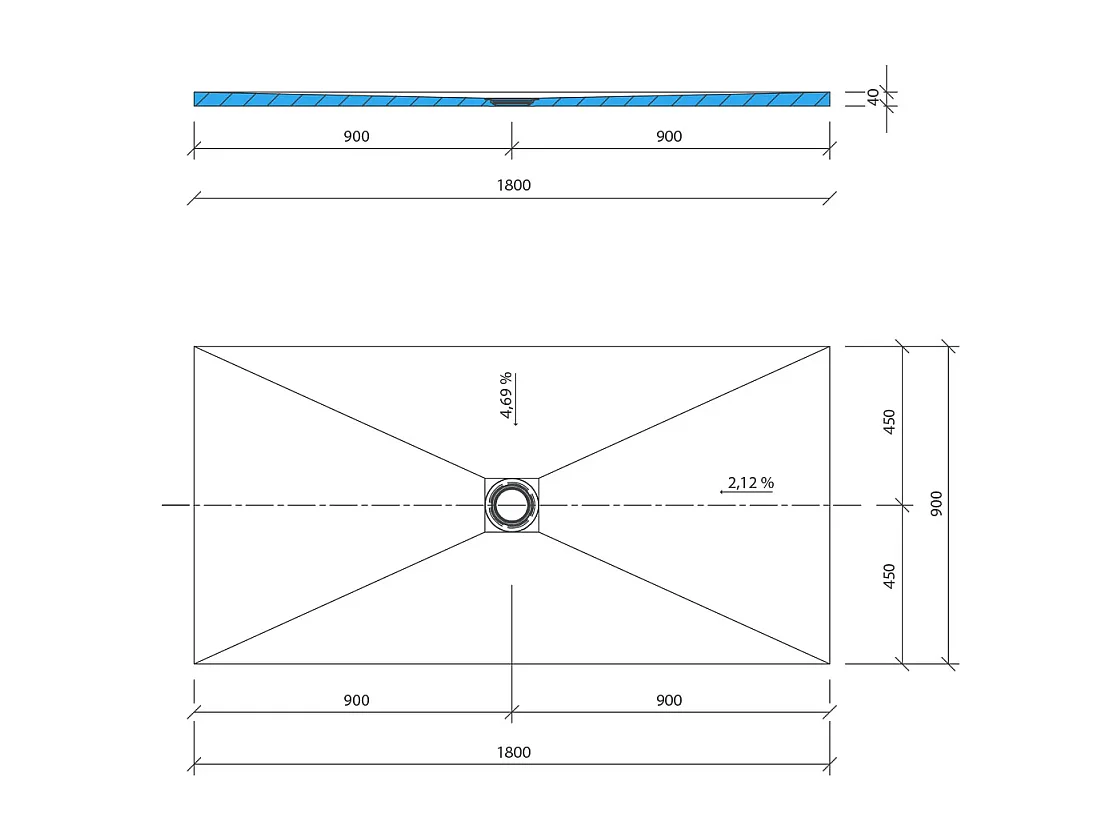 Receveur de douche à carreler 180 x 90 WEDI Fundo Primo rectangle écoulement centré + bonde horizontale
