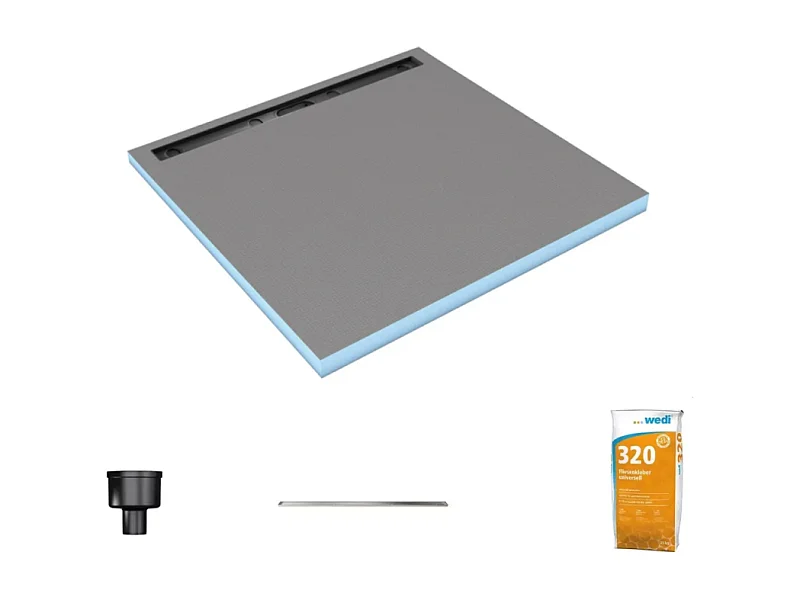 Receveur de douche à carreler 90 x 90 cm WEDI Fundo Riolito Neo écoulement vertical + barrette de finition 70 cm + colle 320