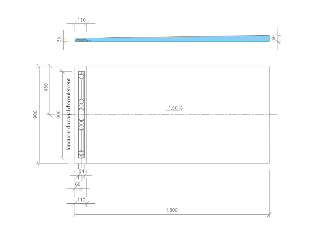 Receveur de douche à carreler 180 x 90 cm WEDI Fundo Riolito Neo avec écoulement vertical + barrette de finition 70 cm
