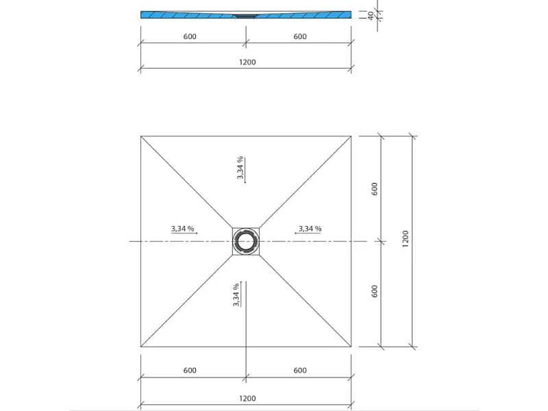Receveur de douche à carreler 120 x 120 WEDI Fundo Primo carré écoulement centrée + bonde horizontale