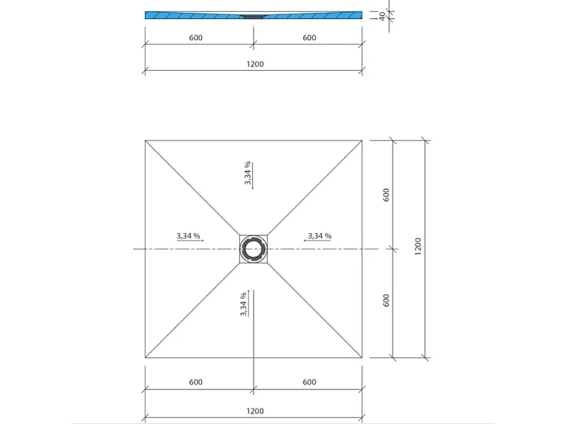 Receveur de douche à carreler 120 x 120 WEDI Fundo Primo carré écoulement centrée + bonde horizontale