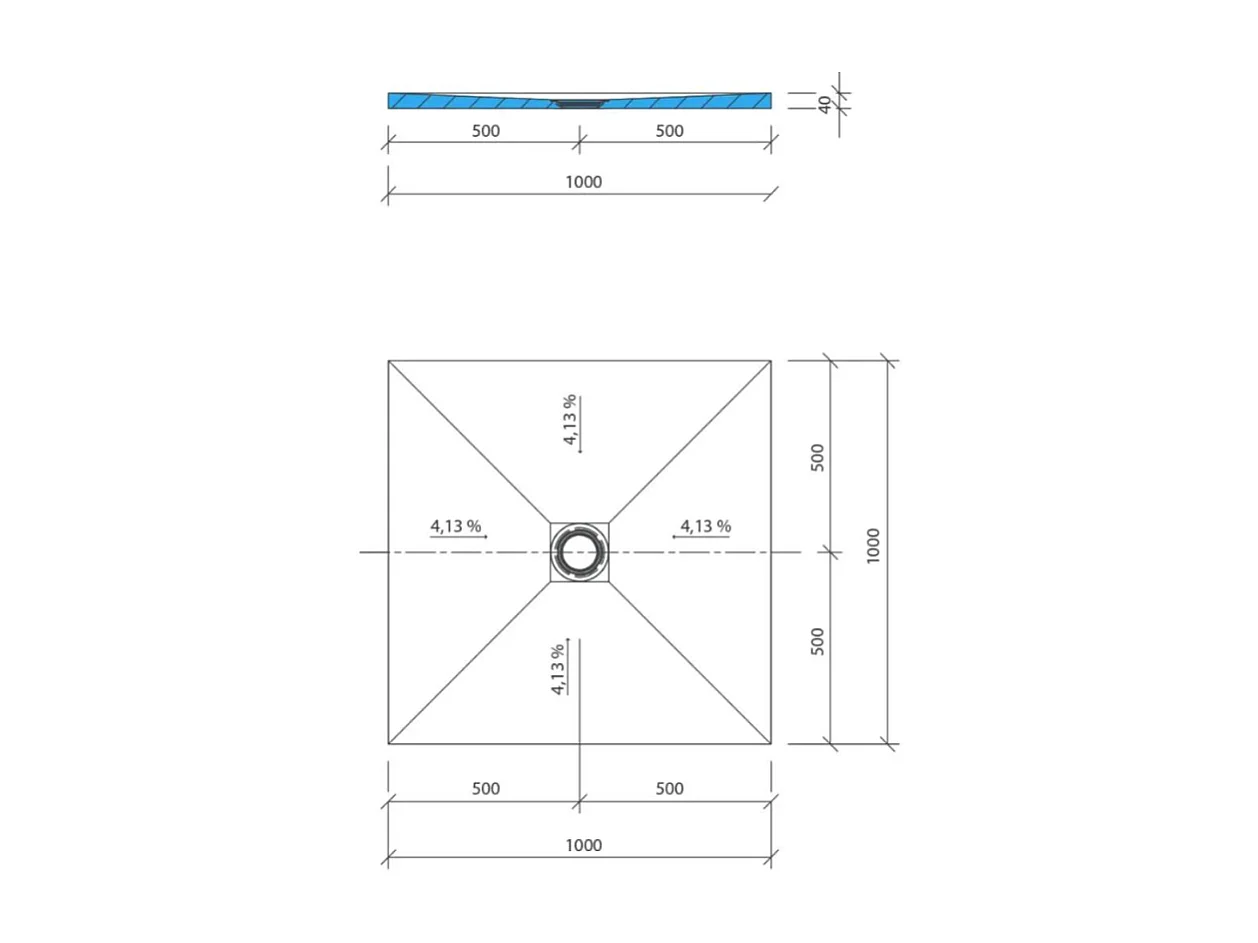 Receveur de douche à carreler 100 x 100 WEDI Fundo Primo carré écoulement centrée + bonde horizontale