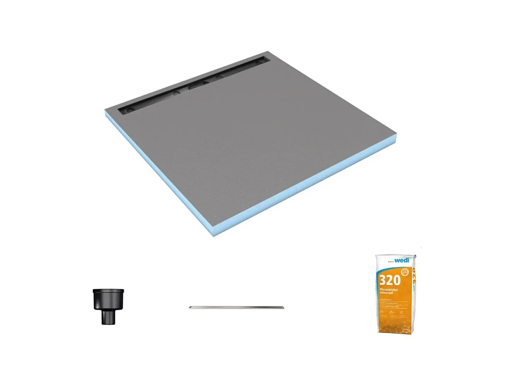 Receveur de douche à carreler 120 x 120 cm WEDI Fundo Riolito Neo écoulement vertical + barrette de finition 70 cm + colle 320