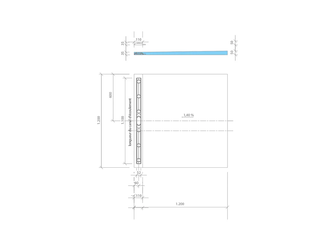Receveur de douche à carreler 120 x 120 cm WEDI Fundo Riolito Neo avec écoulement horizontal + barrette de finition 70 cm