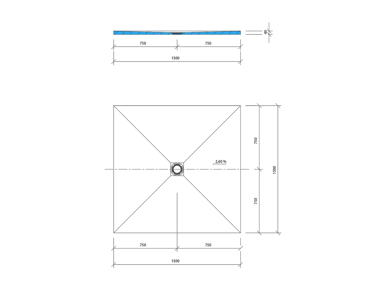 Receveur de douche à carreler 150 x 150 WEDI Fundo Primo carré écoulement centrée + kit d'étancheité