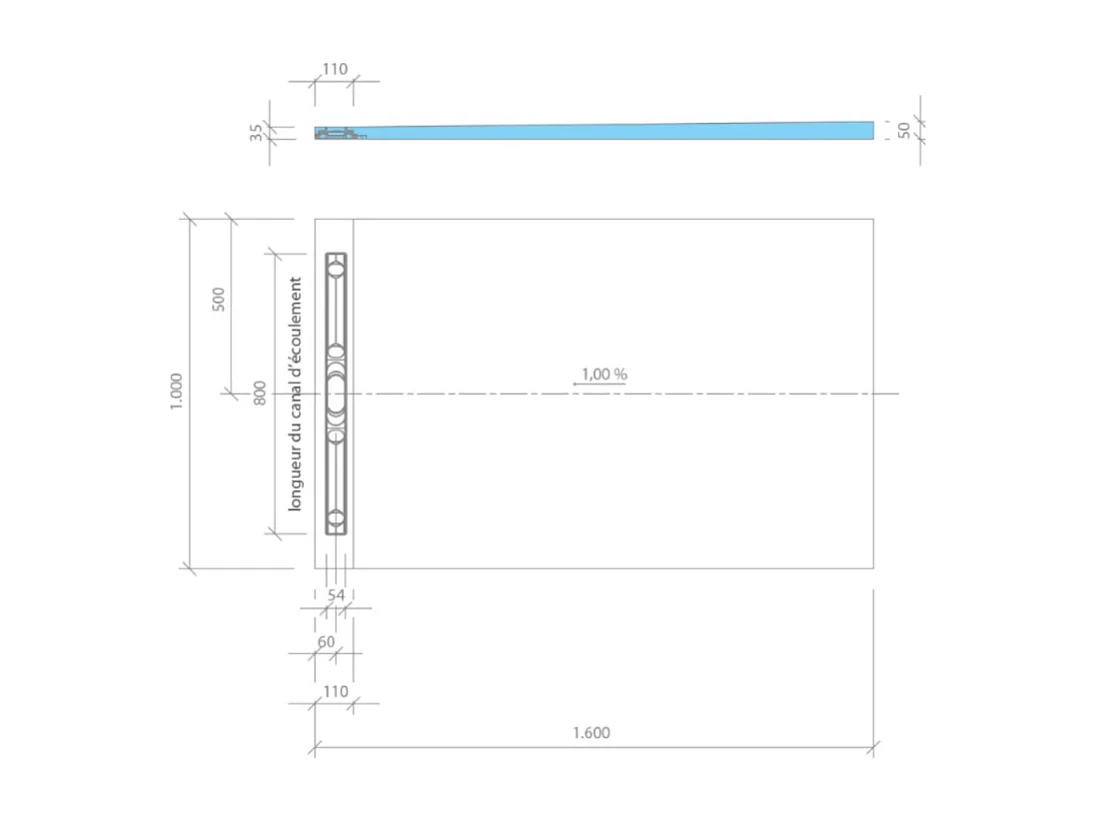 Receveur de douche à carreler 160 x 100 cm WEDI Fundo Riolito Neo + bonde verticale + barrette de finition