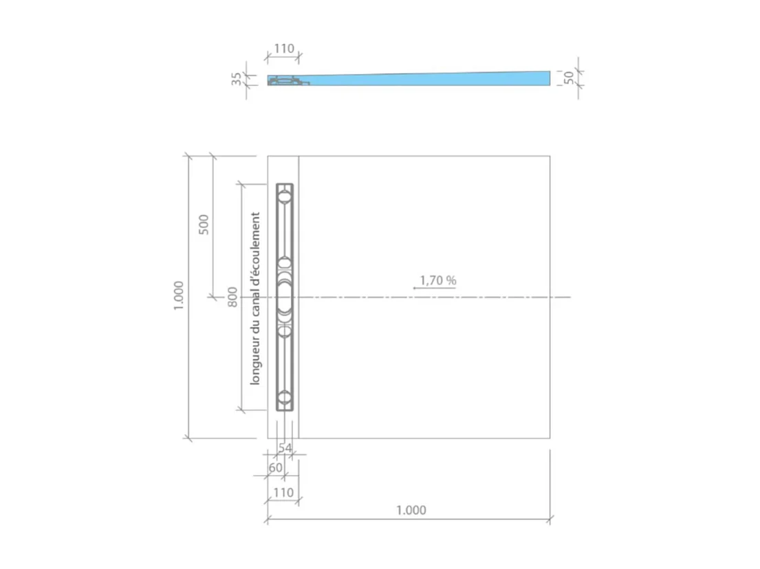 Receveur de douche à carreler 100 x 100 cm WEDI Fundo Riolito Neo + bonde horizontale + barrette de finition + colle 320