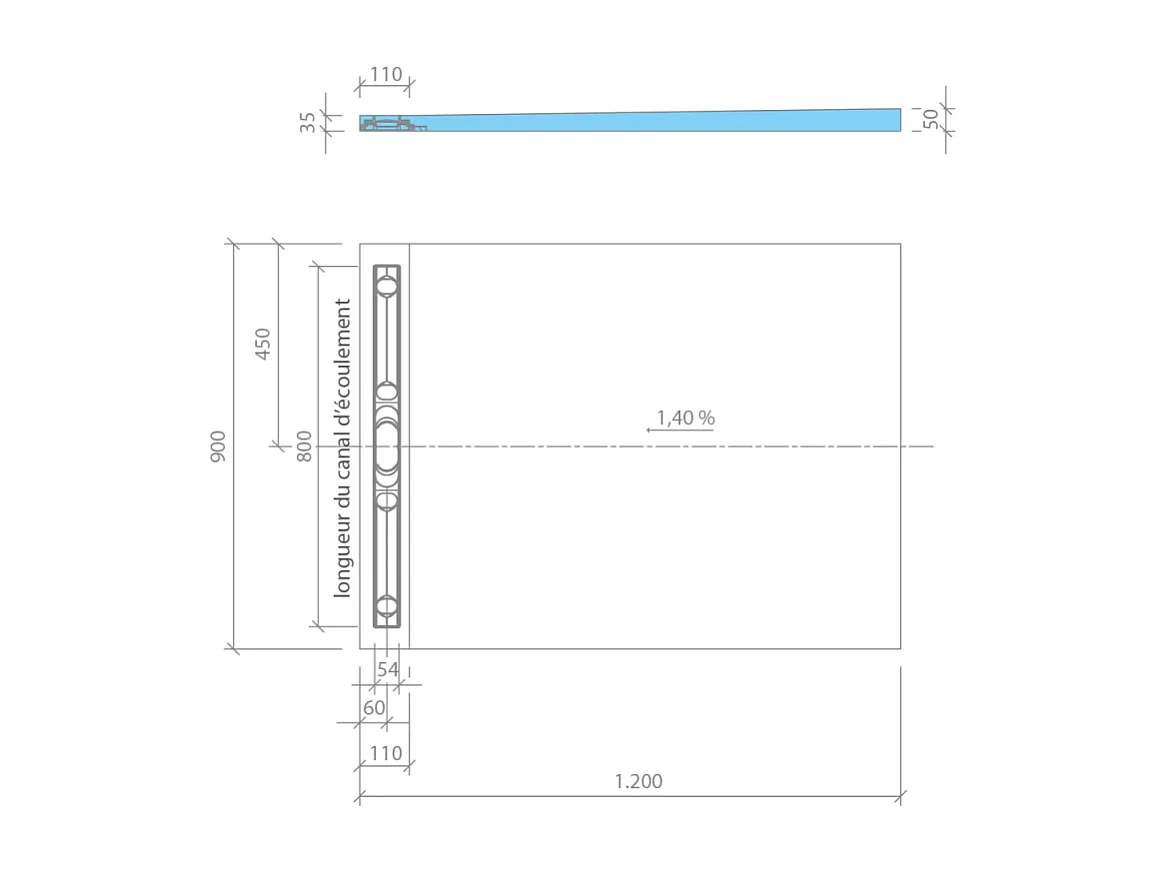Receveur de douche à carreler 120 x 90 cm WEDI Fundo Riolito Neo avec écoulement horizontal + barrette de finition 70 cm