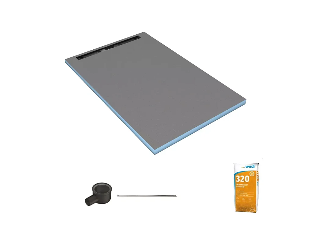 Receveur de douche à carreler 180 x 90 cm WEDI Fundo Riolito Neo écoulement horizontal + barrette de finition 70 cm + colle 320