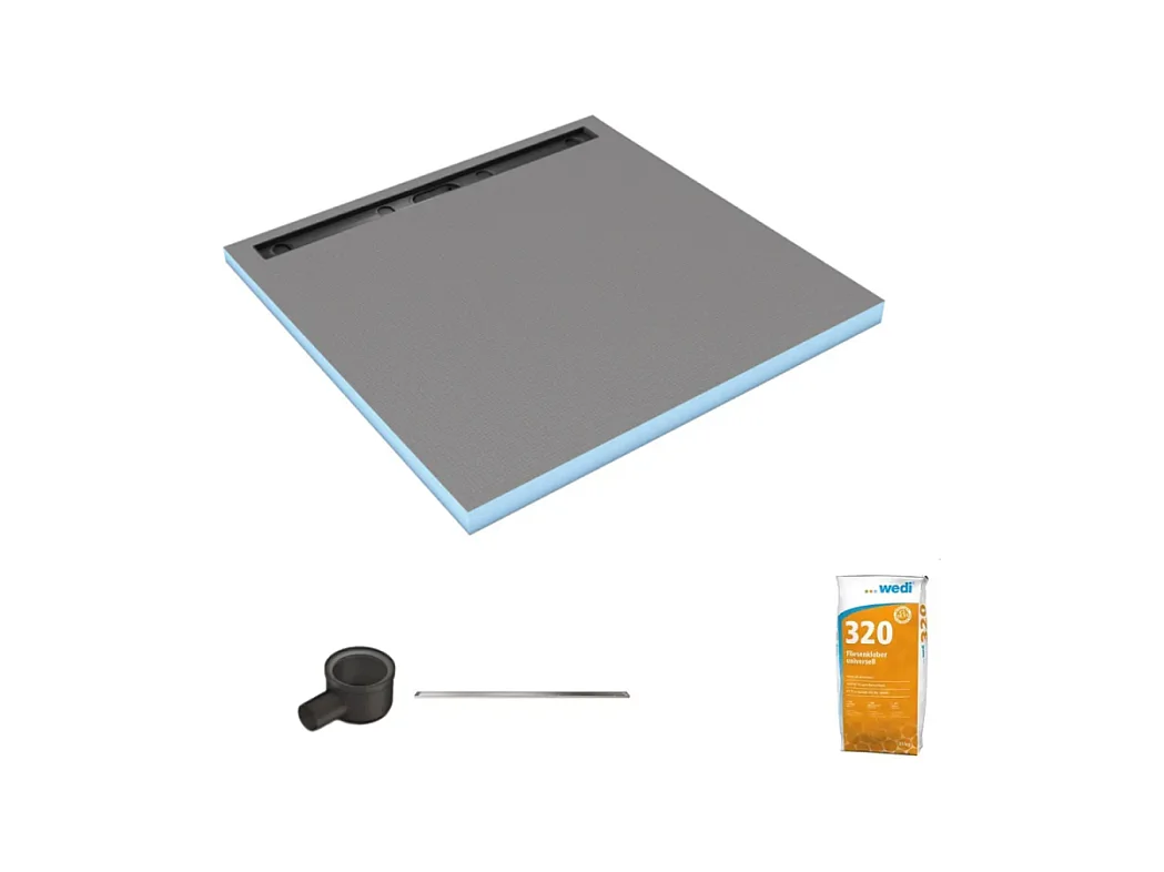 Receveur de douche à carreler 90 x 90 cm WEDI Fundo Riolito Neo écoulement horizontal + barrette de finition 70 cm + colle 320