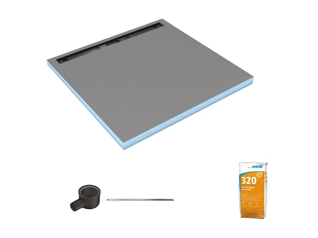 Receveur de douche à carreler 90 x 90 cm WEDI Fundo Riolito Neo écoulement horizontal + barrette de finition 70 cm + colle 320