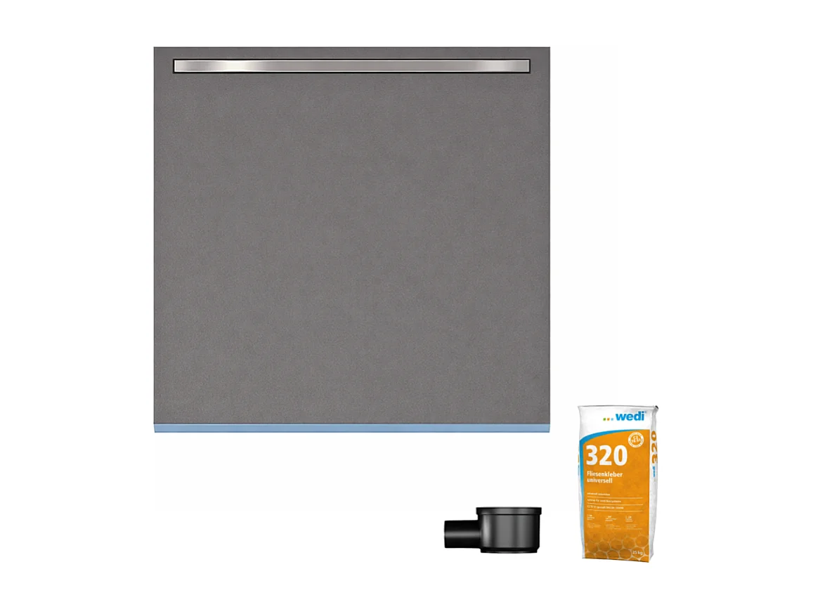 Receveur de douche à carreler 90 x 90 cm WEDI Fundo Riolito Neo + bonde horizontale + barrette de finition + colle 320