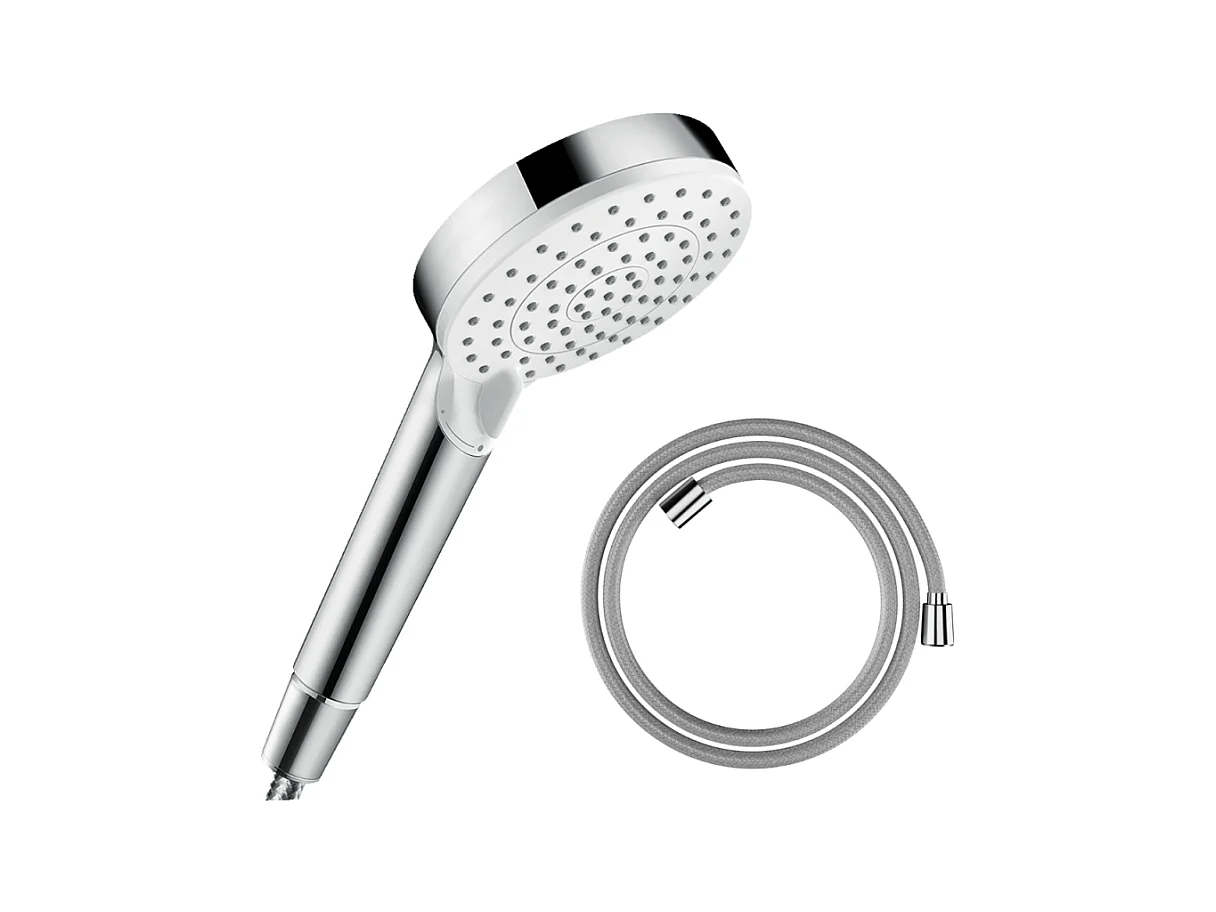 Pommeau de douche HANSGROHE Crometta EcoSmart 2 jets blanc/chromé + flexible de douche HANSGROHE Designflex 200 cm chromé
