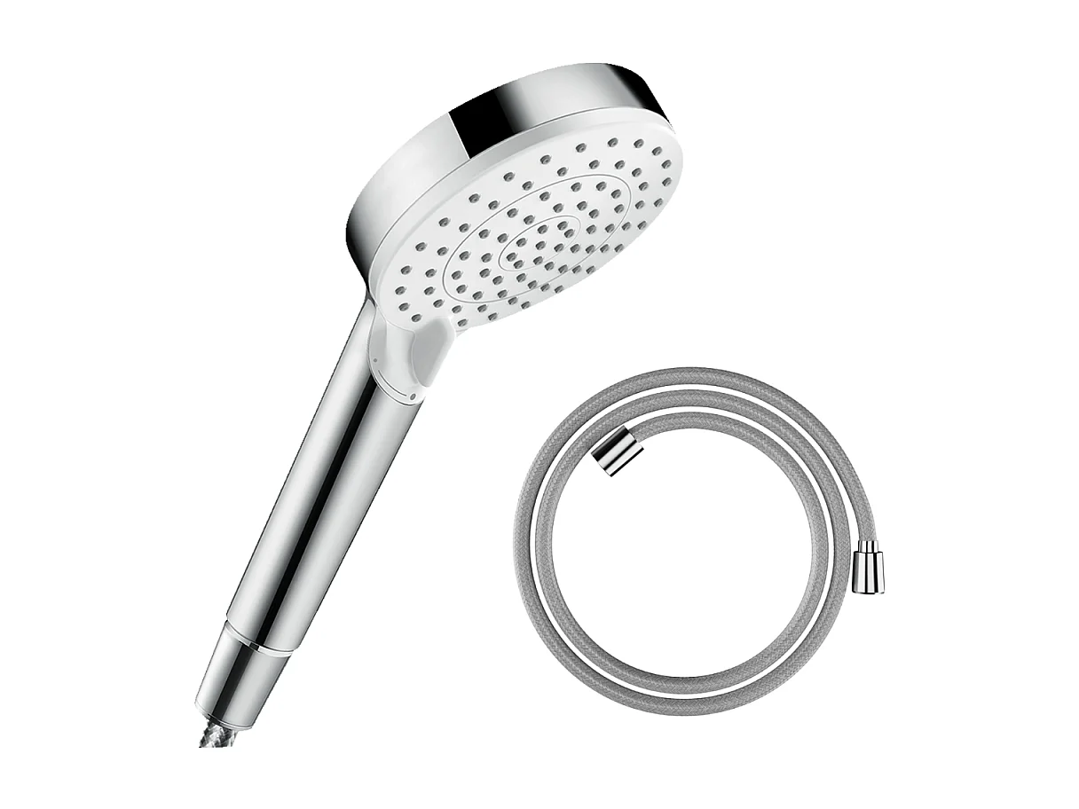 Pommeau de douche HANSGROHE Crometta EcoSmart 2 jets blanc/chromé + flexible de douche HANSGROHE Designflex 200 cm chromé