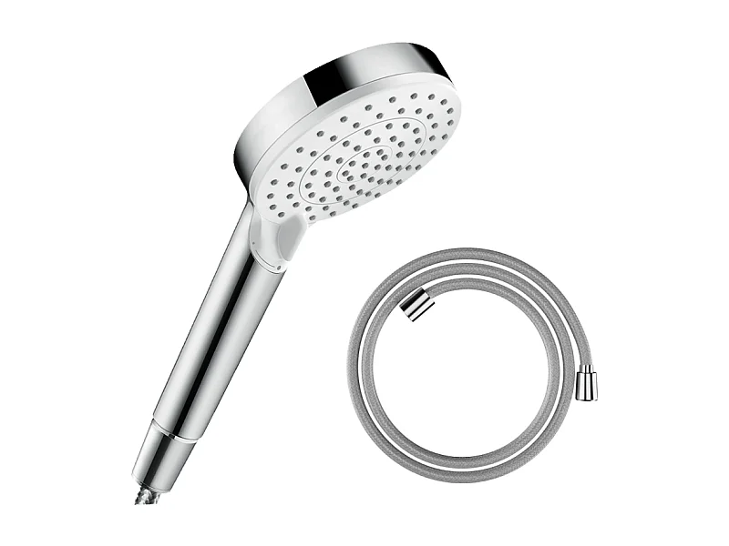 Pommeau de douche HANSGROHE Crometta EcoSmart 2 jets blanc/chromé + flexible de douche HANSGROHE Designflex 200 cm chromé