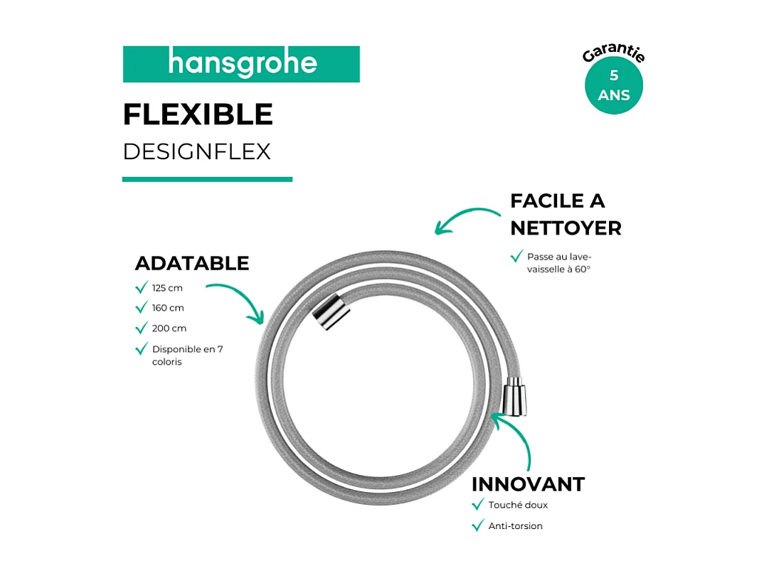 Flexible de douche HANSGROHE Designflex 160 cm chromé