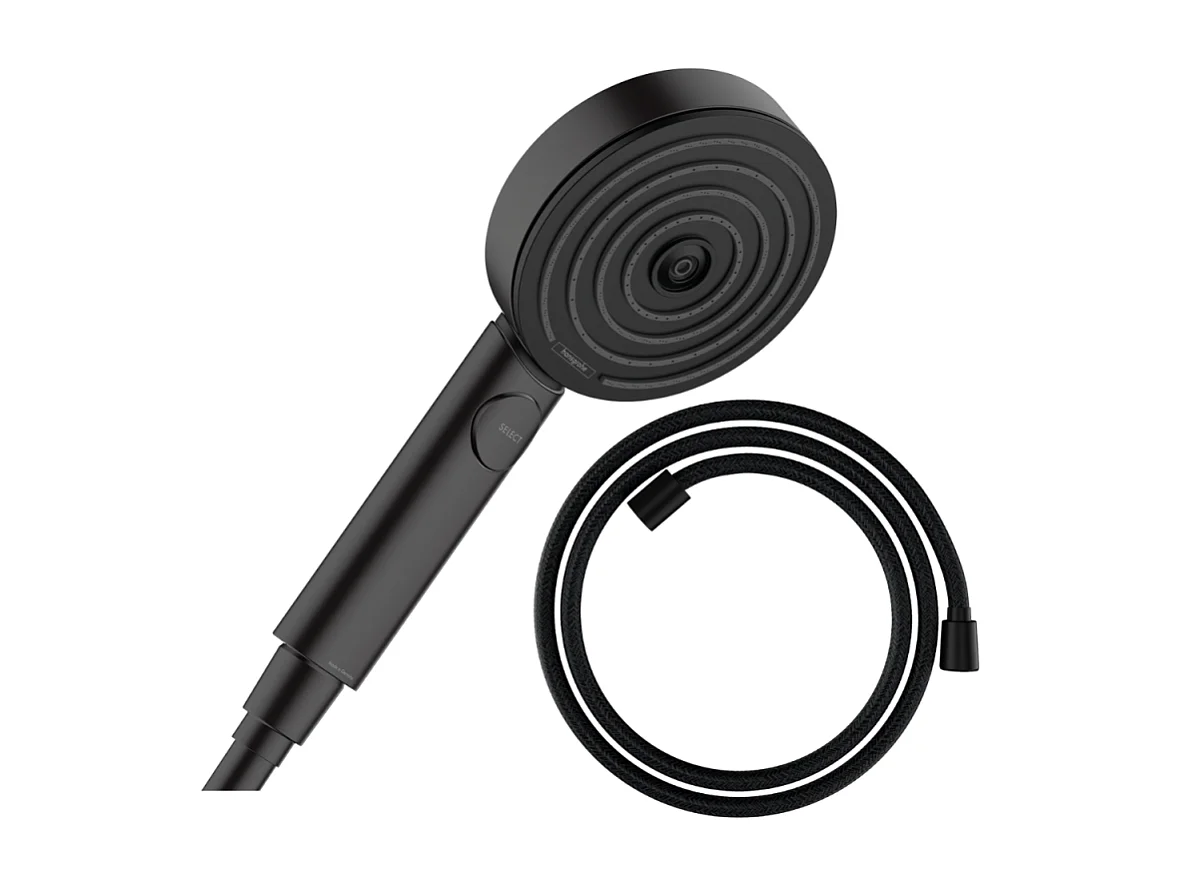 Pommeau de douche HANSGROHE Pulsify Select EcoSmart 105 3 jets Relaxation + flexible de douche Designflex 160 cm noir mat