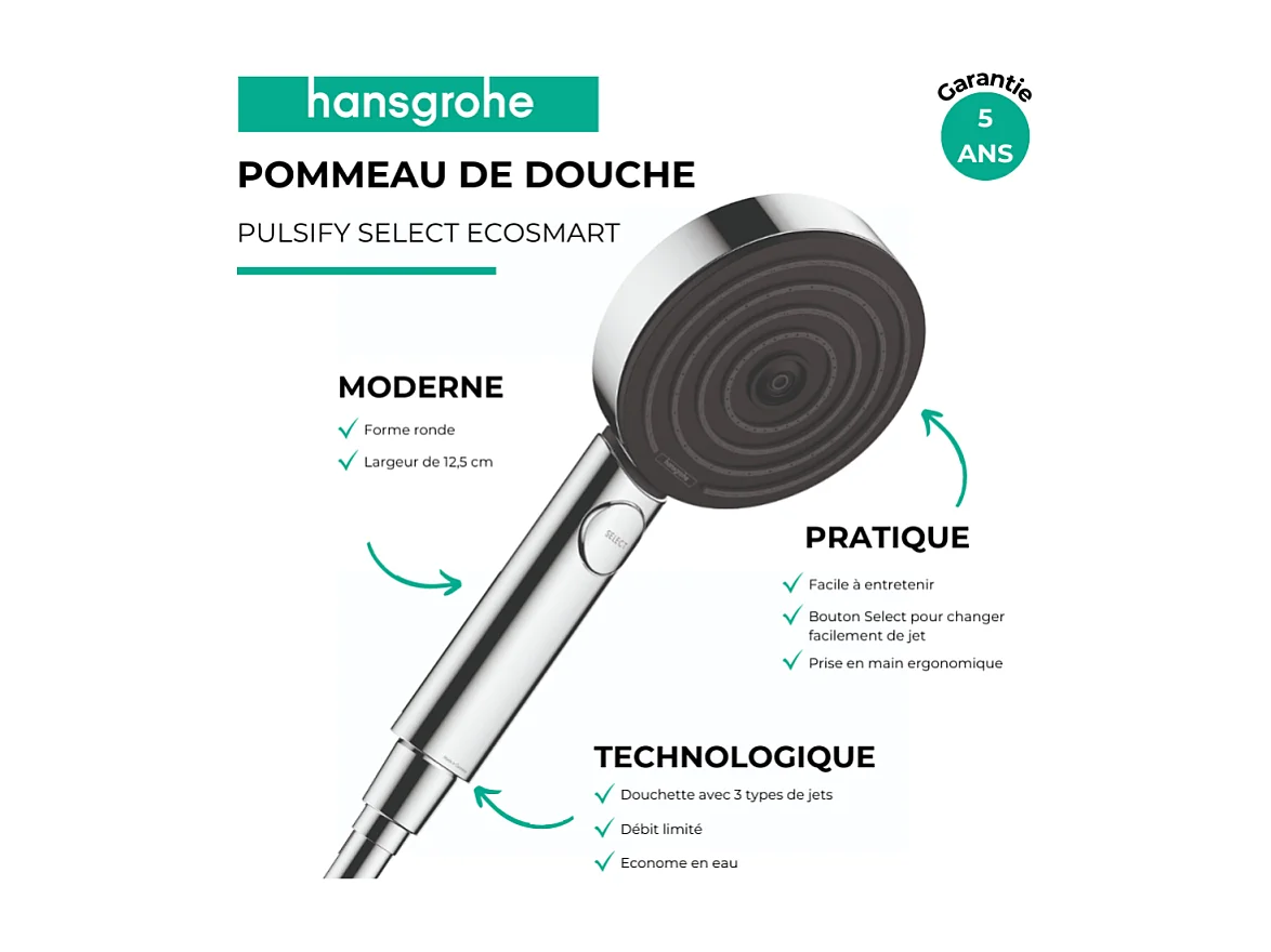Pommeau de douche HANSGROHE Pulsify Select EcoSmart 105 3 jets relaxation + flexible HANSGROHE Designflex 160 cm chromé