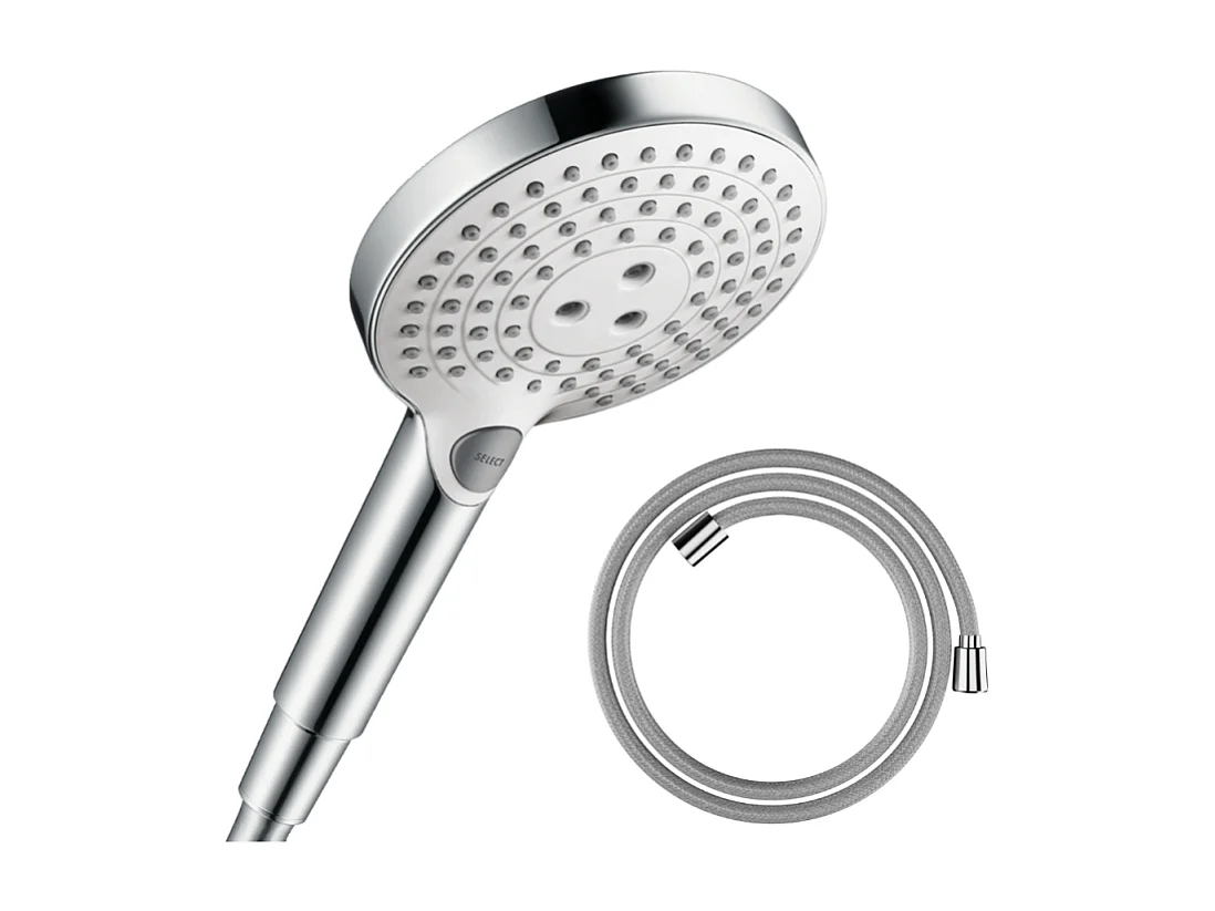 Pommeau de douche HANSGROHE Raindance Select S EcoSmart 120 3 jets blanc/chromé + flexible HANSGROHE Designflex 160 cm chromé