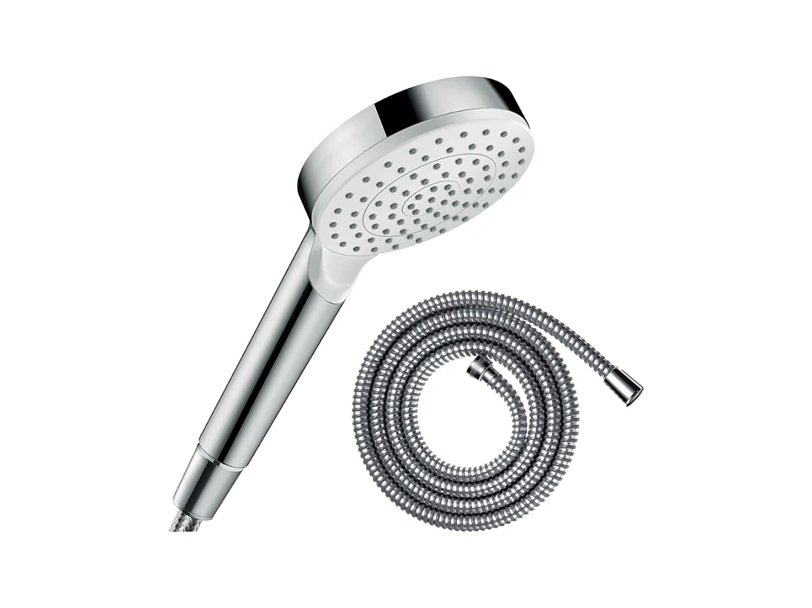 Pommeau de douche HANSGROHE Crometta EcoSmart blanc/chromé + flexible de douche 1,25 m HANSGROHE Metaflex chromé