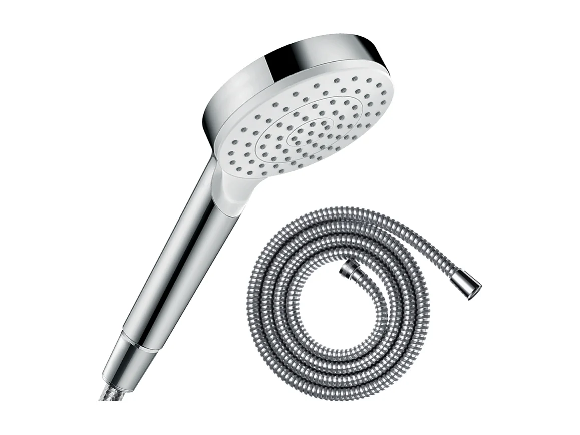 Pommeau de douche HANSGROHE Crometta EcoSmart blanc/chromé + flexible de douche 1,25 m HANSGROHE Metaflex chromé