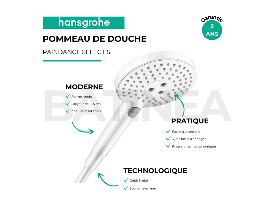 Pommeau de douche HANSGROHE Raindance Select S EcoSmart 120 3 jets + flexible HANSGROHE Isiflex blanc mat 160 cm