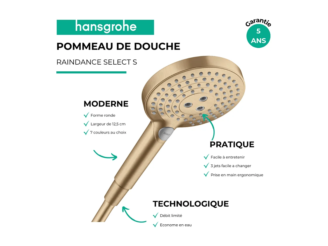 Pommeau de douche HANSGROHE Raindance Select S EcoSmart 120 3 jets + flexible 160 cm HANSGROHE Isiflex bronze brossé