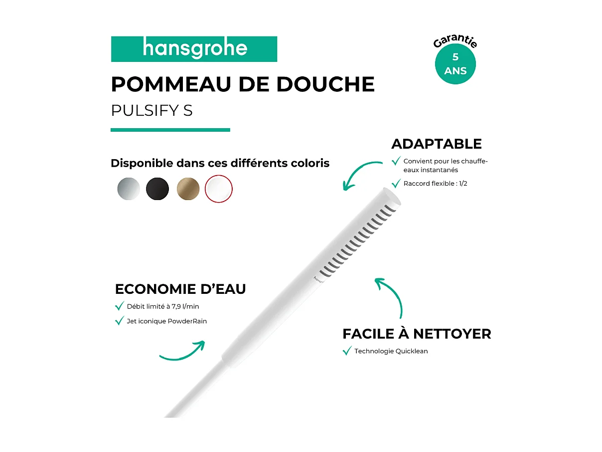 Pommeau de douche HANSGROHE Pulsify S 100 EcoSmart blanc mat