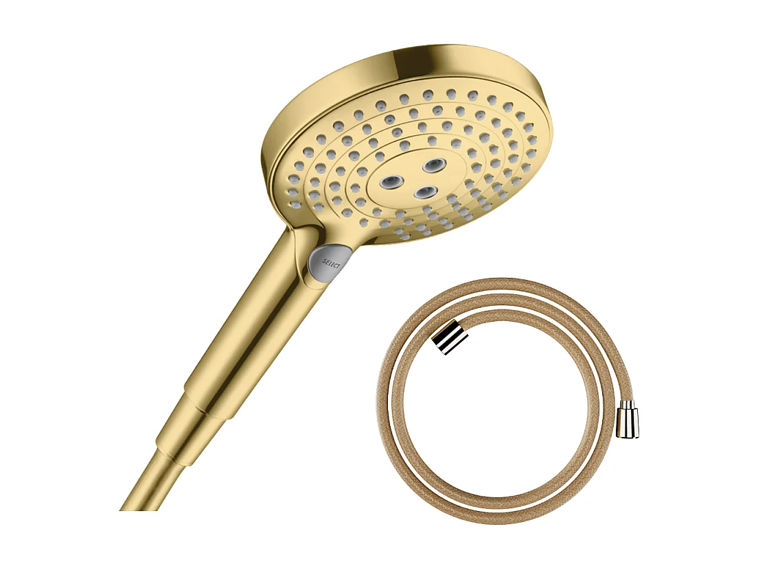 Pommeau de douche HANSGROHE Raindance Select S EcoSmart 120 3 jets + flexible HANSGROHE Designflex 200 cm aspect doré poli