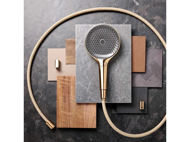 Pommeau de douche HANSGROHE Raindance Select S EcoSmart 120 3 jets + flexible HANSGROHE Designflex 200 cm aspect doré poli