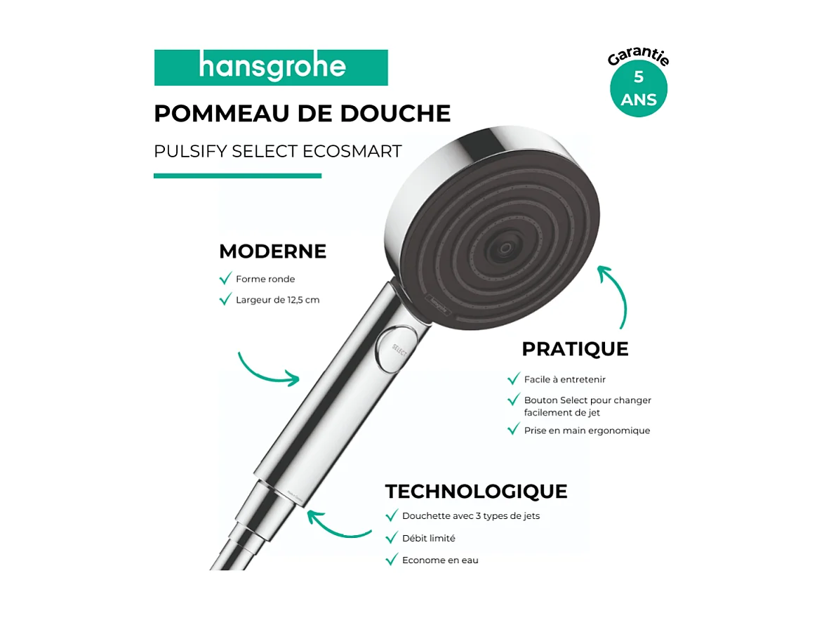 Pommeau de douche HANSGROHE Pulsify Select EcoSmart 105 3 jets relaxation + flexible de douche Metaflex 200 cm chromé