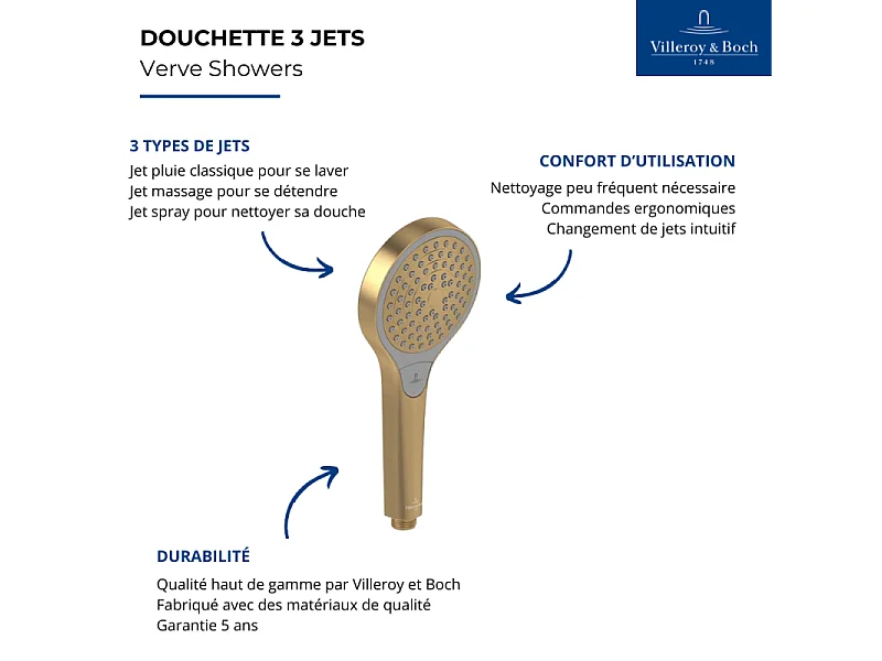 VILLEROY & BOCH Verve Showers Rociador de ducha de 3 chorros en oro cepillado