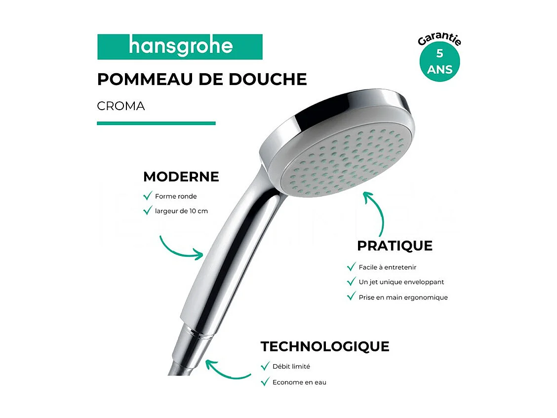 Pommeau de douche HANSGROHE Croma 100 EcoSmart chromé + flexible de douche 1,25 m HANSGROHE Isiflex chromé