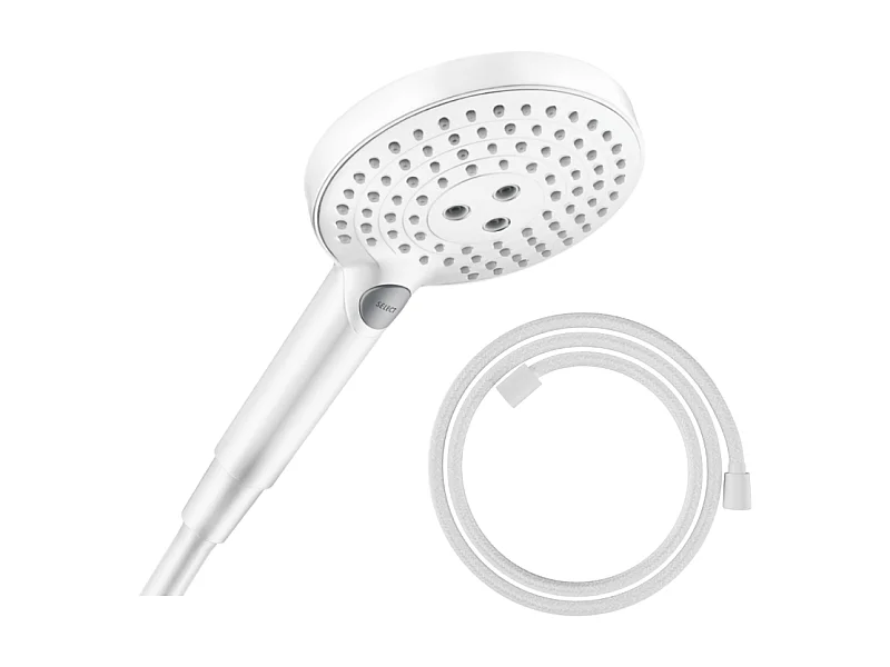 Pommeau de douche HANSGROHE Raindance Select S EcoSmart 120 3 jets + flexible HANSGROHE Designflex 125 cm blanc mat