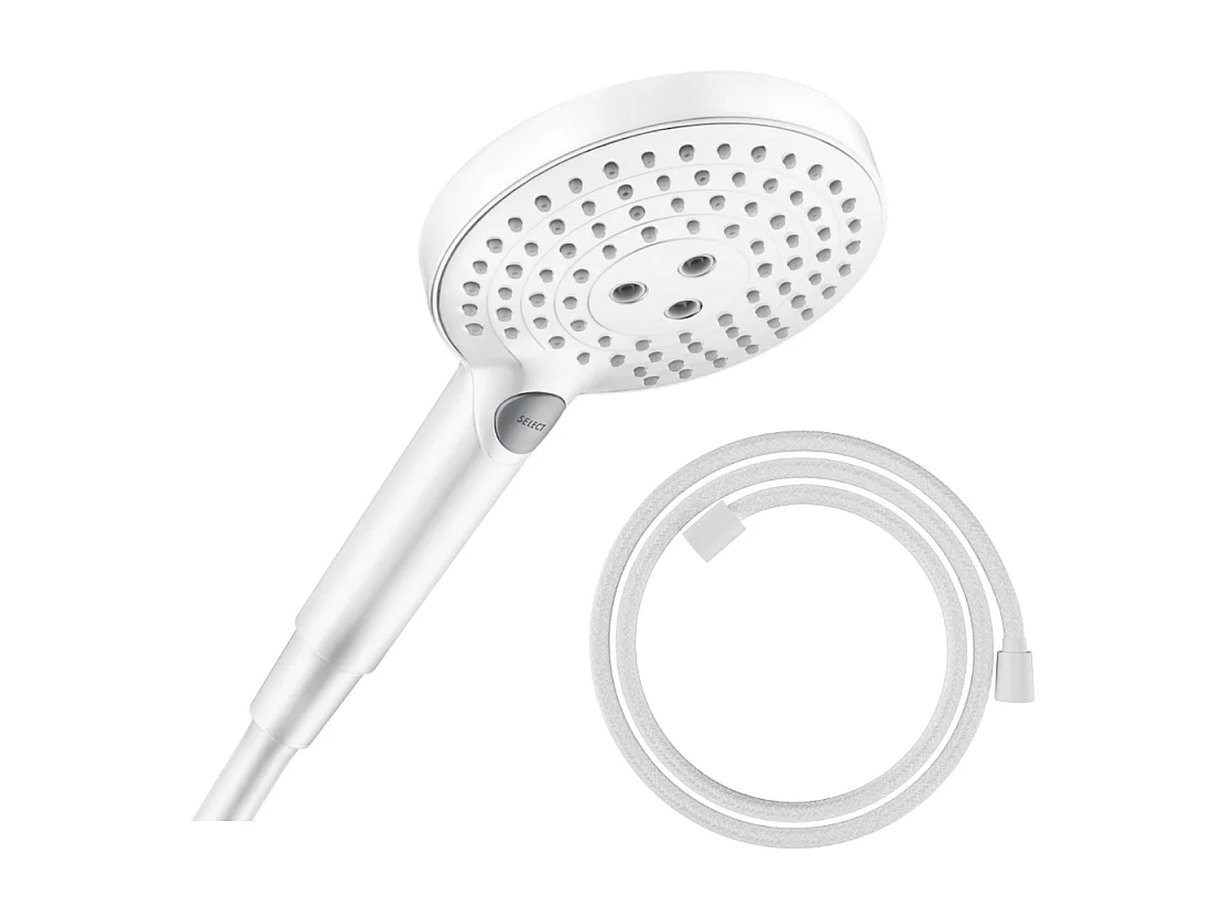 Pommeau de douche HANSGROHE Raindance Select S EcoSmart 120 3 jets + flexible HANSGROHE Designflex 125 cm blanc mat