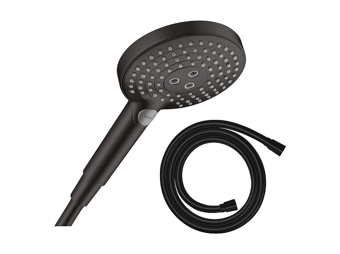 Pommeau de douche HANSGROHE Raindance Select S EcoSmart 120 3 jets noir mat + flexible de douche 1,25 m HANSGROHE Isiflex noir mat