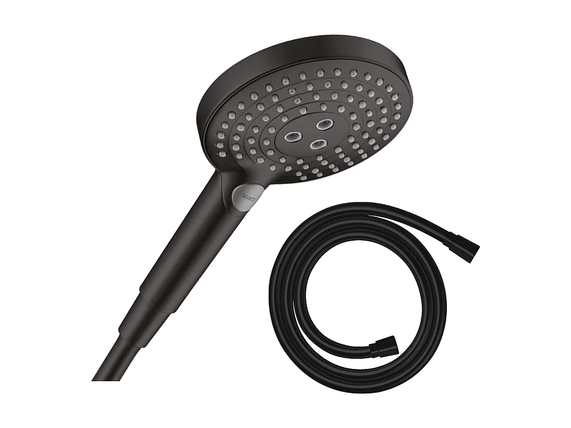 Pommeau de douche HANSGROHE Raindance Select S EcoSmart 120 3 jets noir mat + flexible de douche 1,25 m HANSGROHE Isiflex noir mat