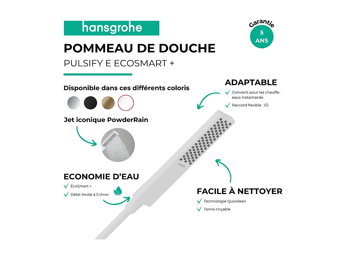 Pommeau de douche HANSGROHE Pulsify E 100 EcoSmart+ Blanc mat
