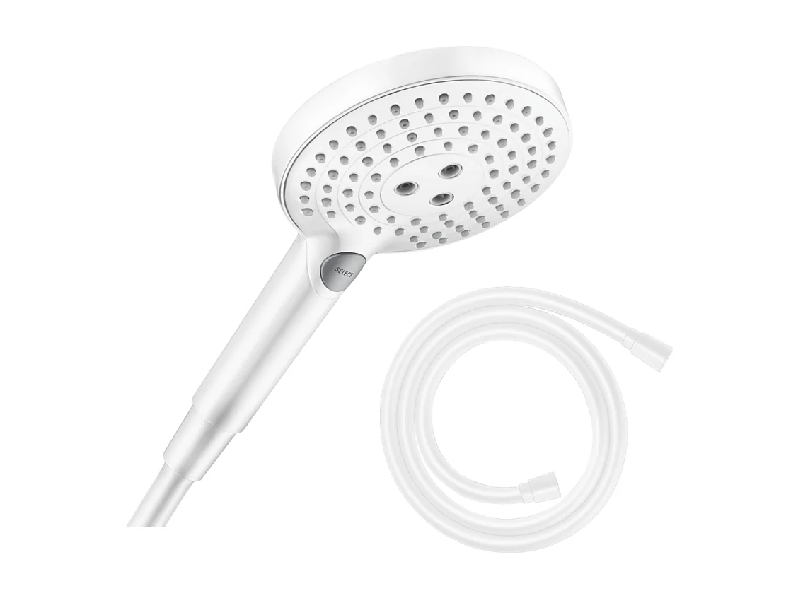 Pommeau de douche HANSGROHE Raindance Select S EcoSmart 120 3 jets + flexible 1,25 m HANSGROHE Isiflex blanc mat