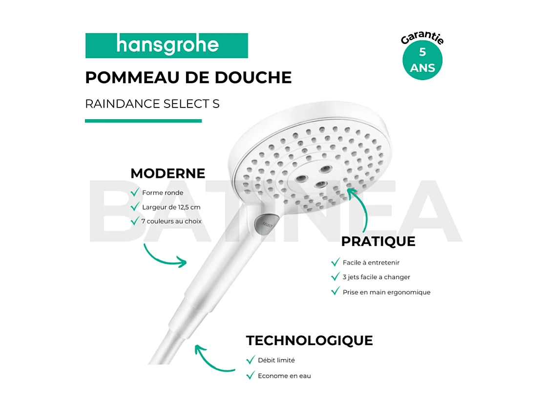 Pommeau de douche HANSGROHE Raindance Select S EcoSmart 120 3 jets + flexible 1,25 m HANSGROHE Isiflex blanc mat
