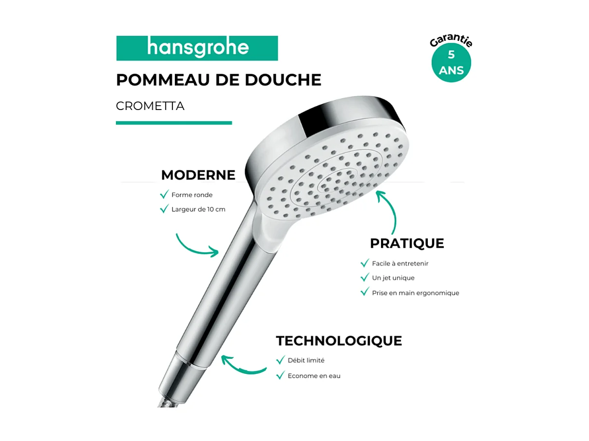 Pommeau de douche HANSGROHE Crometta EcoSmart blanc/chromé + flexible de douche HANSGROHE Designflex 200 cm chromé