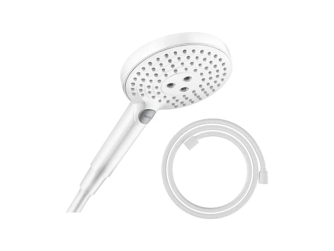 Pommeau de douche HANSGROHE Raindance Select S EcoSmart 120 3 jets + flexible HANSGROHE Designflex 200 cm blanc mat