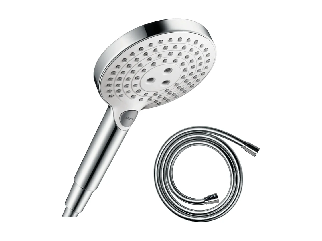 Pommeau de douche HANSGROHE Raindance Select S EcoSmart 120 3 jets blanc/chromé + flexible de douche 2 m HANSGROHE Isiflex chromé
