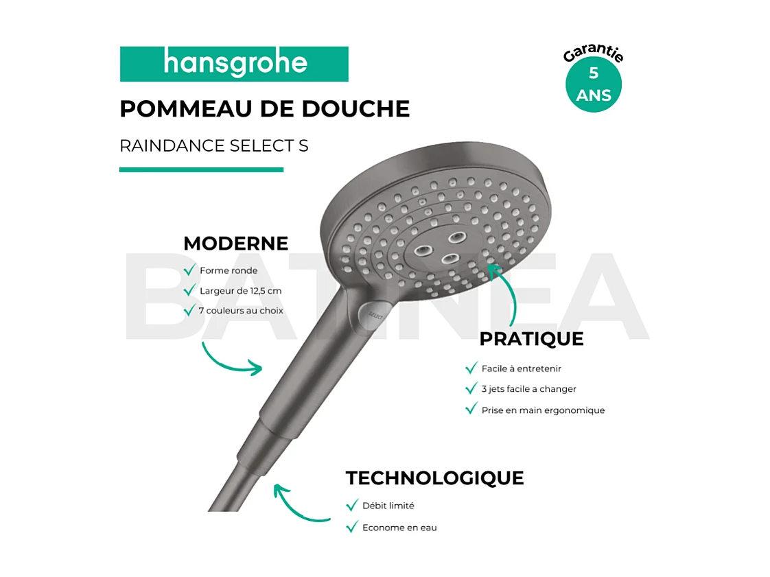 Pommeau de douche HANSGROHE Raindance Select S EcoSmart 120 3 jets + flexible HANSGROHE Designflex 200 cm Noir chromé brossé