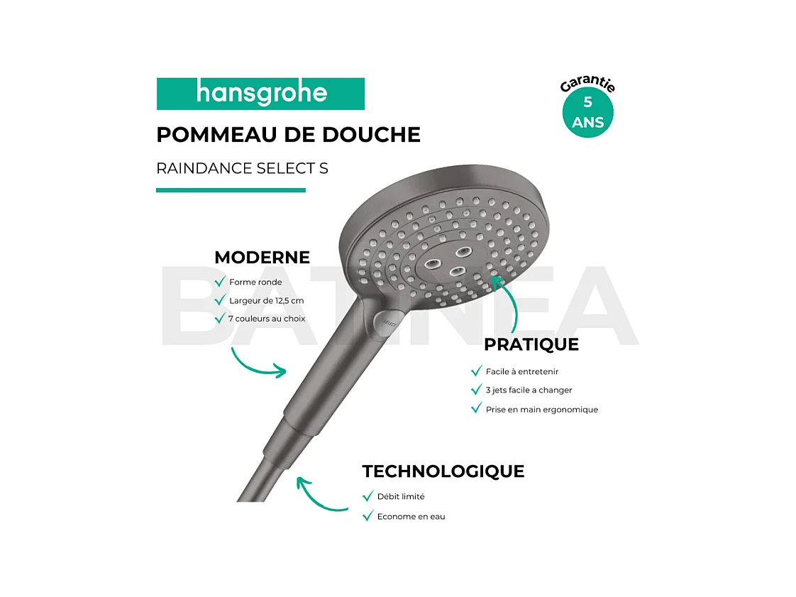 Pommeau de douche HANSGROHE Raindance Select S EcoSmart 120 3 jets + flexible HANSGROHE Designflex 200 cm Noir chromé brossé