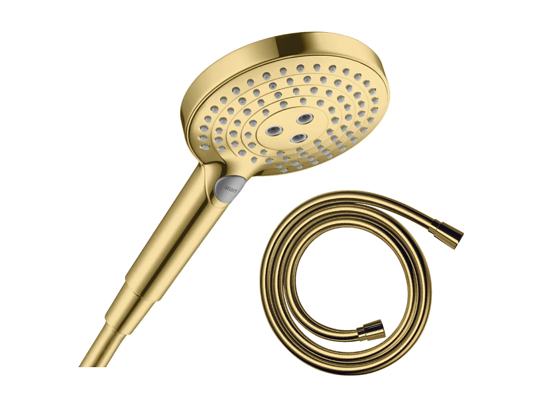 Pommeau de douche HANSGROHE Raindance Select S EcoSmart 120 3 jets  + flexible 1,60 m HANSGROHE Isiflex aspect doré poli