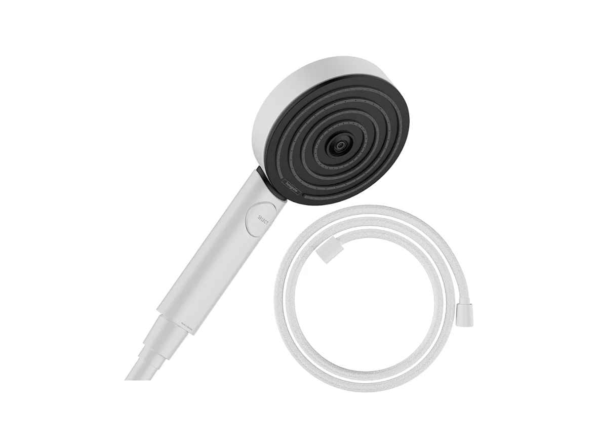 Pommeau de douche HANSGROHE Pulsify Select EcoSmart 105 3 jets Relaxation + flexible HANSGROHE Designflex 200 cm blanc mat