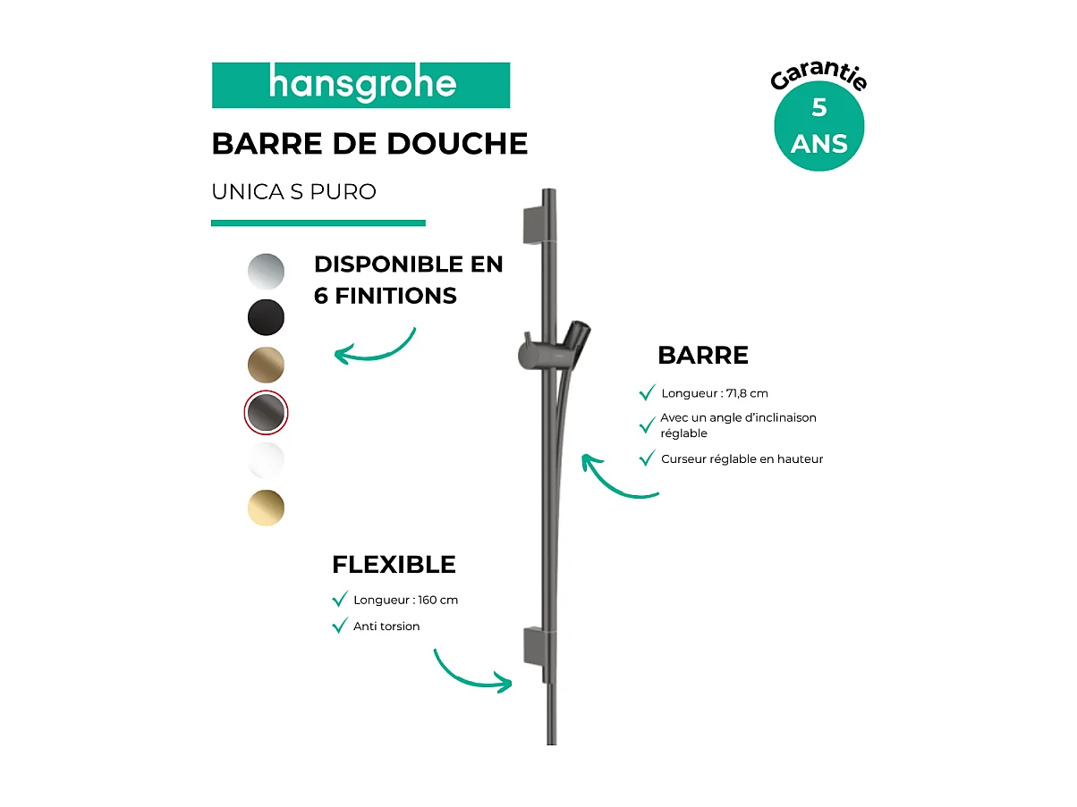 Barre de douche HANSGROHE Unica S Puro 65 cm avec flexible Noir chromé brossé